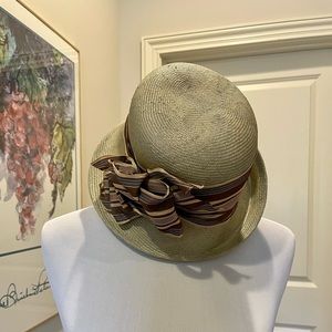 NWT Satin Lined Belfry Straw Hat with Striped Satin Band